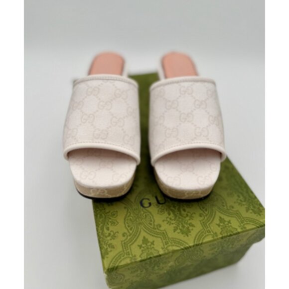 NIB-Gucci White GG Canvas Block Heel Slide Sandals - 37 - Picture 8 of 9
